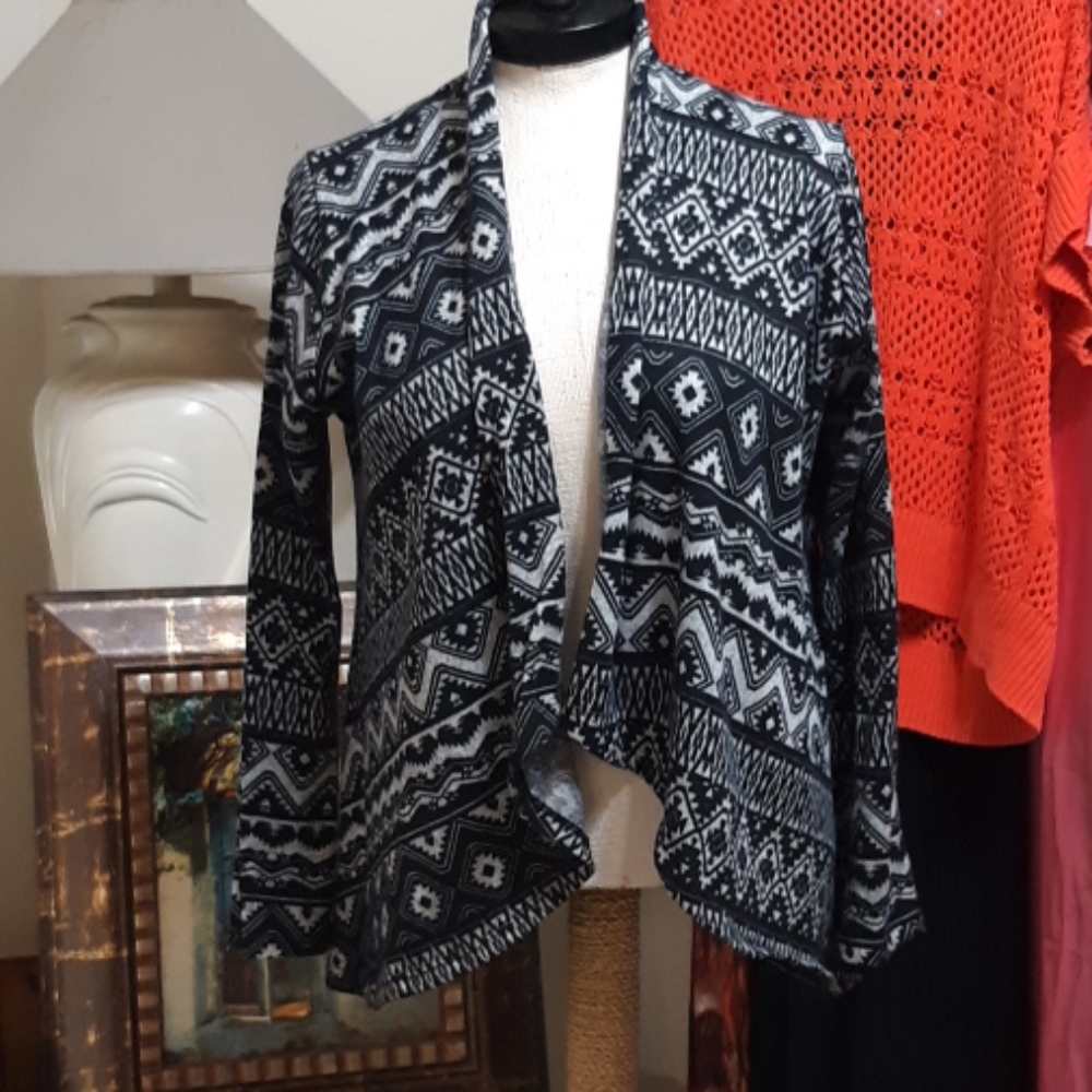 Womens open front Cardigan Sweater top Sz Large Black Gray Long Sleeve